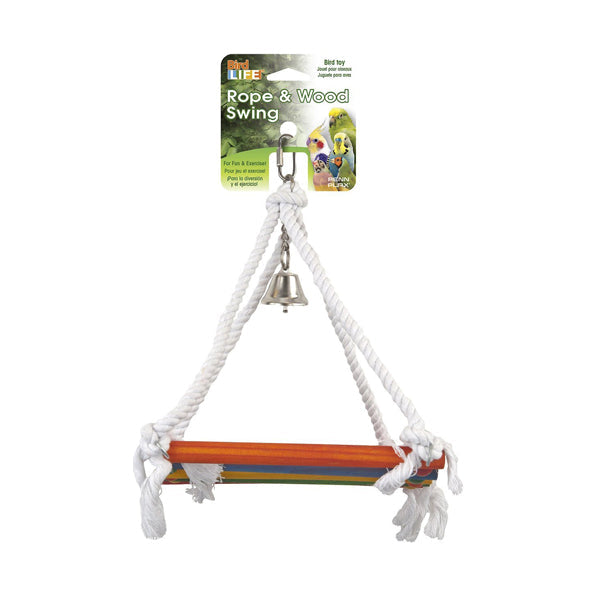 Ben Blacks swing made of ropes and wood and a bell for medium-sized birds