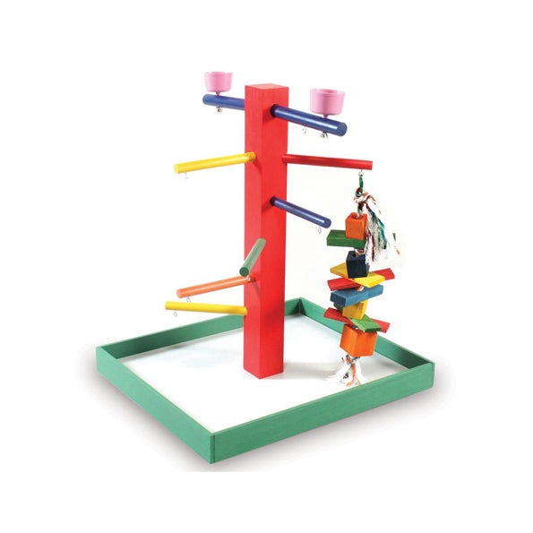 Prevo parrot playground, two cups for water, treats and a toy