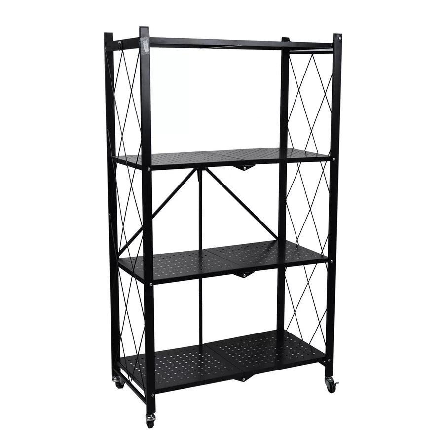 رف تخزين معدني بعجلات قابل للطي 4 دور اسود