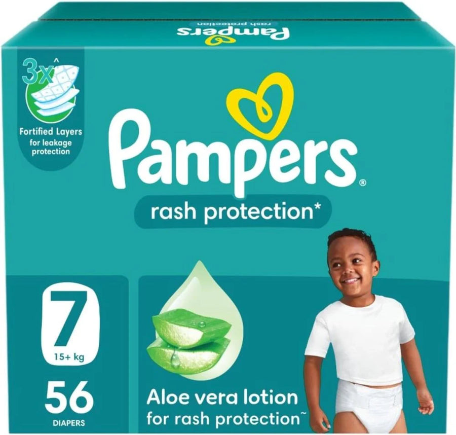 بامبرز حفاضات للاطفال بشريط لاصق للحماية من الطفح الجلدي مقاس 7 صندوق الجامبو 56 حفاضة