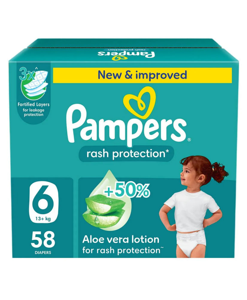 بامبرز حفاضات للاطفال بشريط لاصق للحماية من الطفح الجلدي مقاس 6 صندوق الجامبو 58 حفاضة