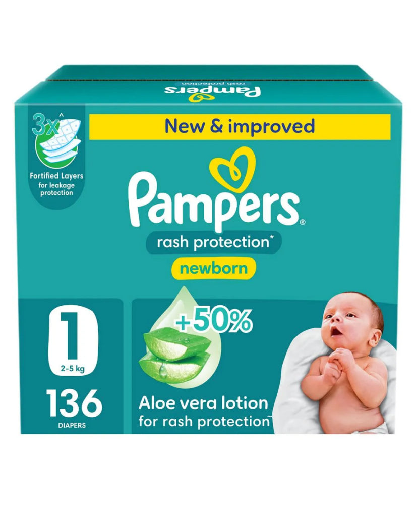 بامبرز حفاضات للاطفال بشريط لاصق للحماية من الطفح الجلدي مقاس 1 صندوق الجامبو 136 حفاضة