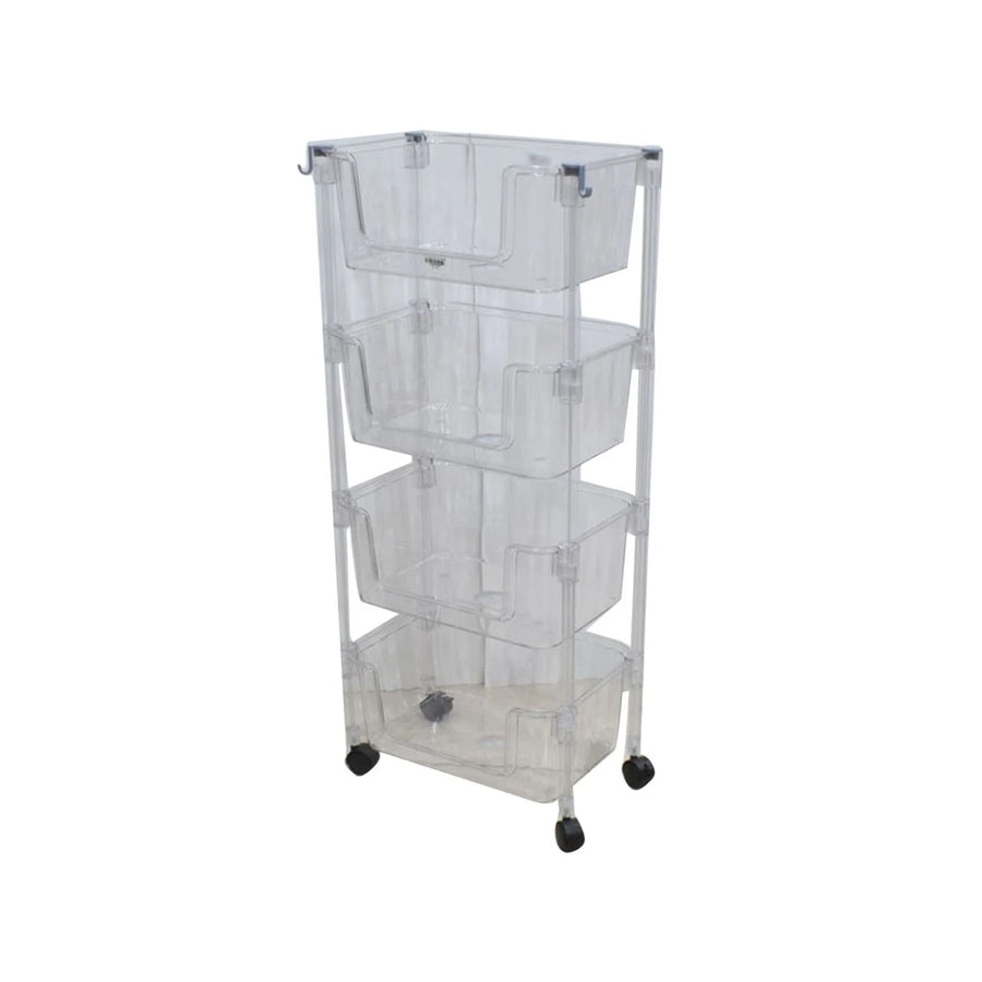رفوف تخزين بلاستيك بعجلات 4 دور شفاف
