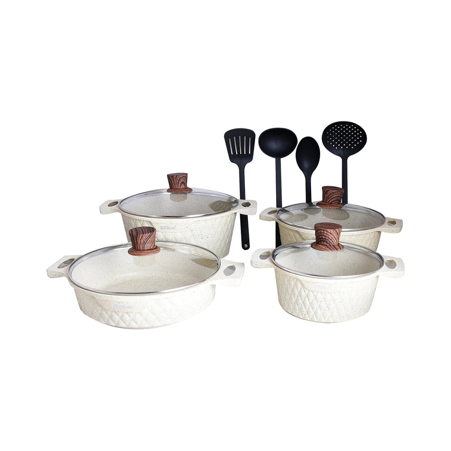 طقم قدور طبخ جرانيت بغطاء زجاج 12قطعة بيج 9502438