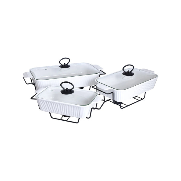 طقم صواني تسخين طعام سيراميك مستطيل بغطاء زجاج 3 قطعة