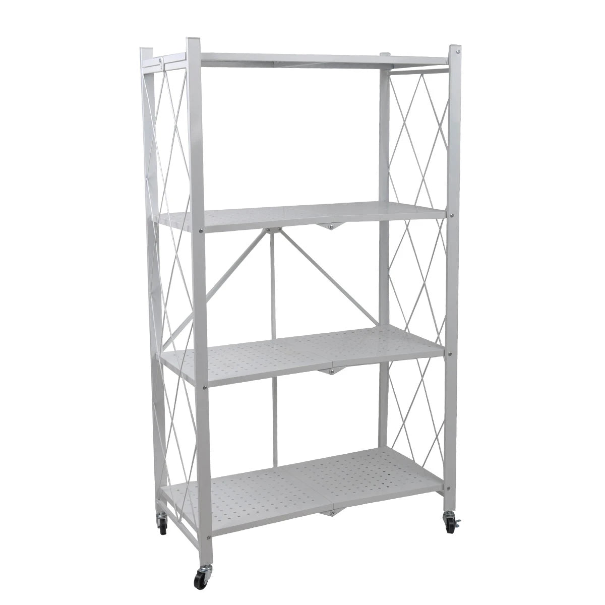 رف تخزين معدني بعجلات قابل للطي 4 دور ابيض