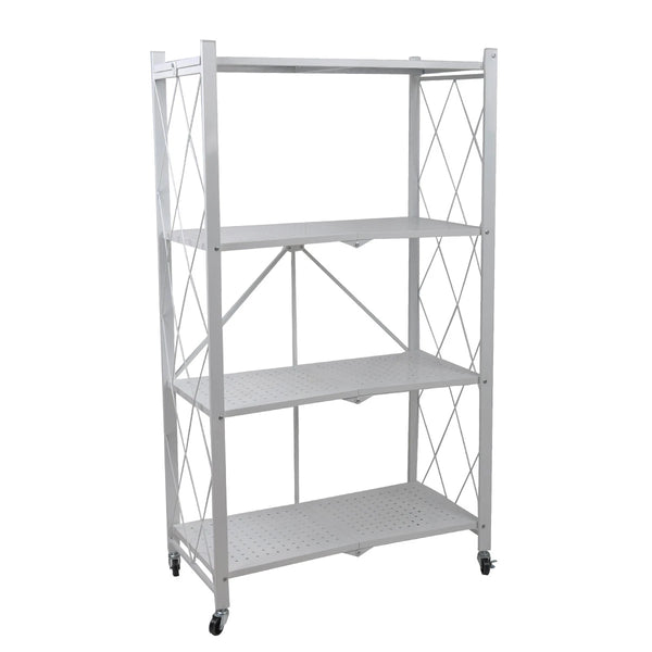 رف تخزين معدني بعجلات قابل للطي 4 دور ابيض