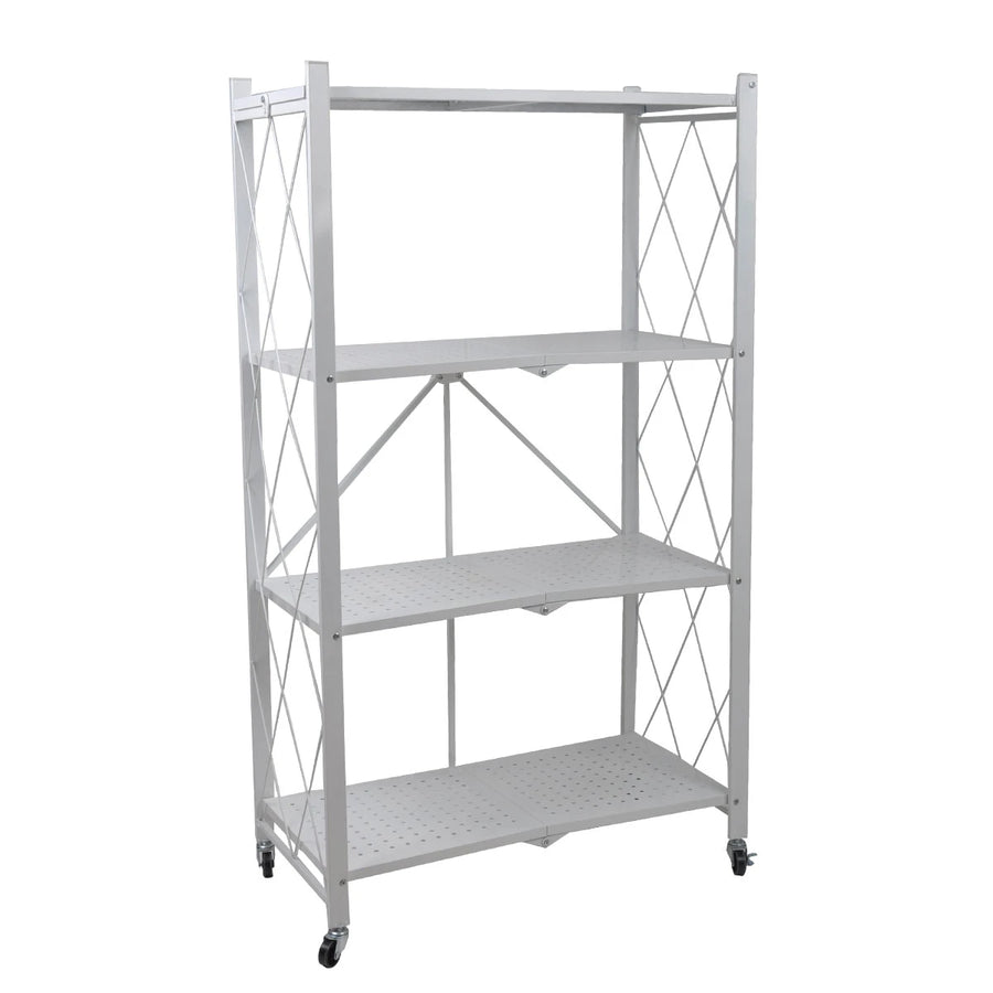 رف تخزين معدني بعجلات قابل للطي 4 دور ابيض