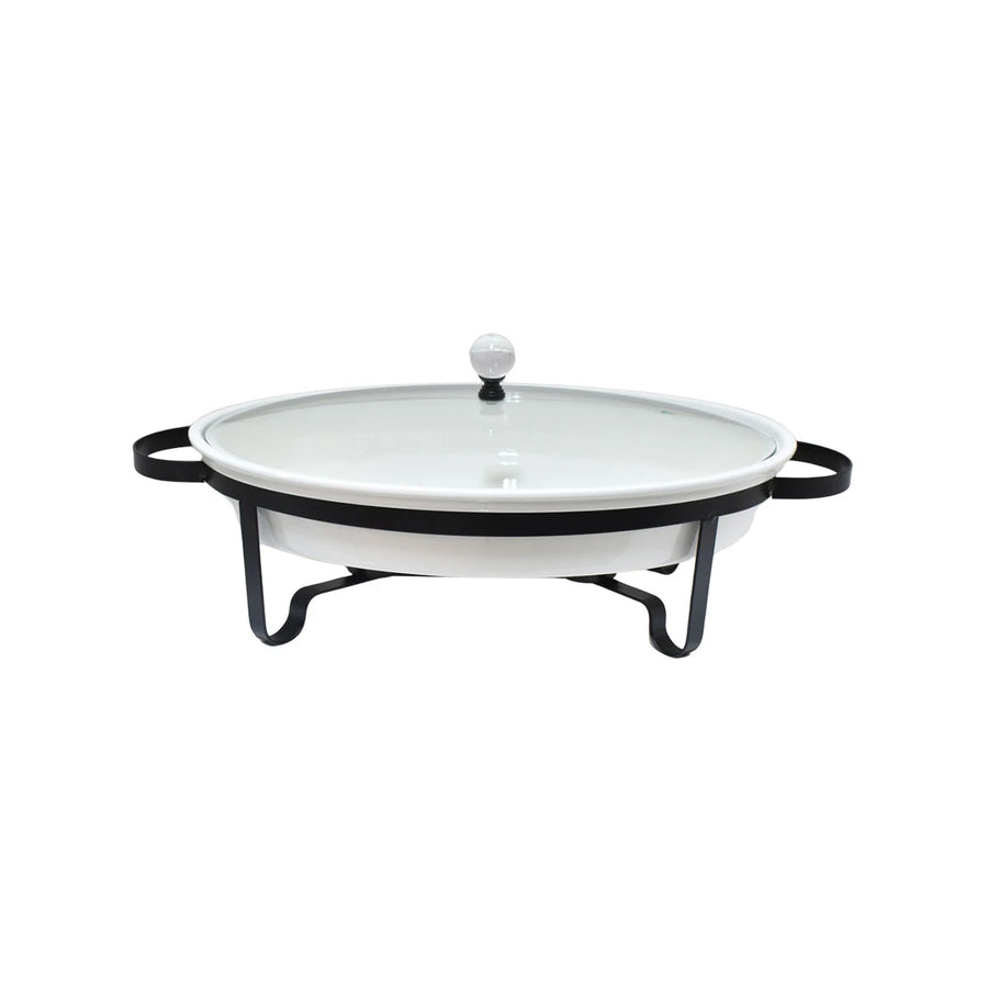 صينية تسخين طعام سيراميك بيضاوي بغطاء زجاج 16أنش