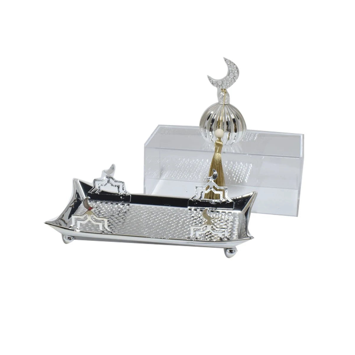 صحن تقديم استيل مستطيل رمضاني بغطاء اكريليك