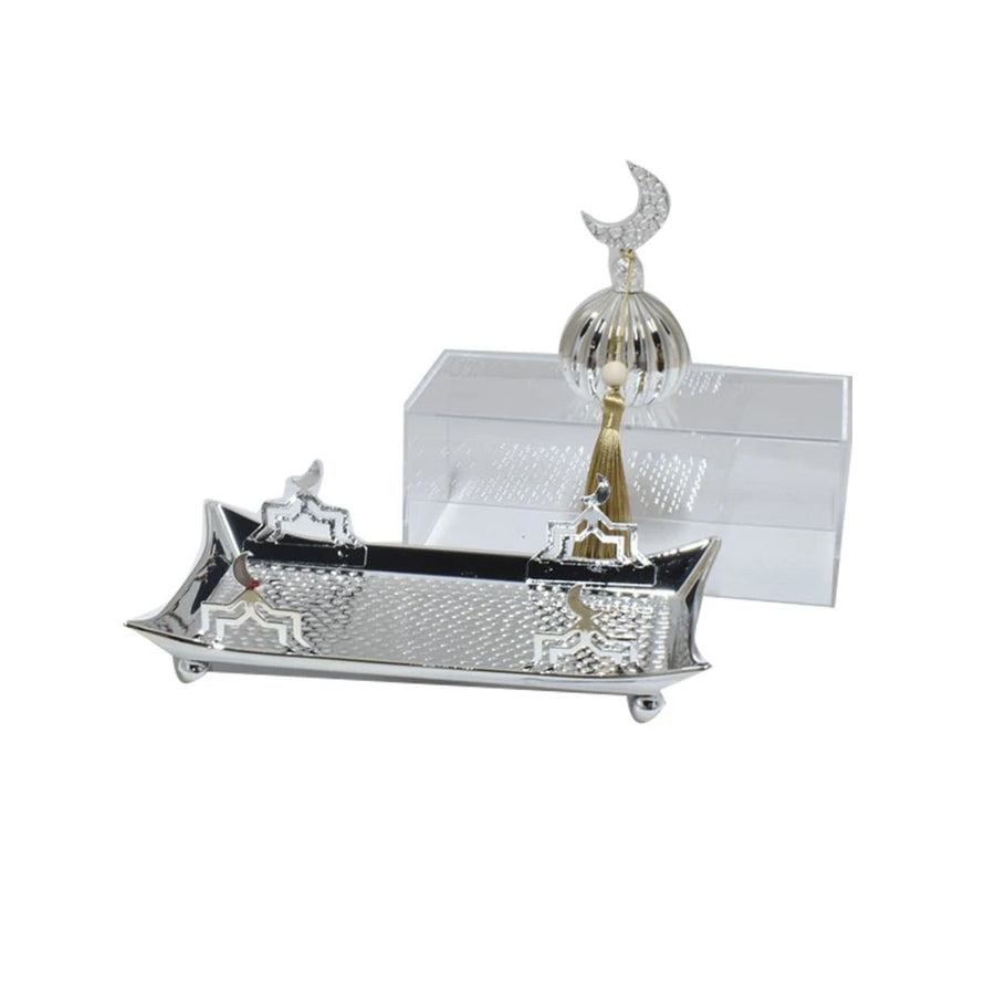 صحن تقديم استيل مستطيل رمضاني بغطاء اكريليك