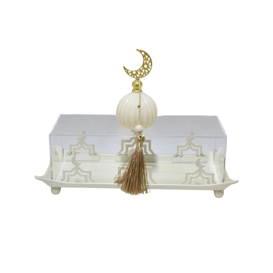 صحن تقديم استيل مستطيل رمضاني بغطاء اكريليك