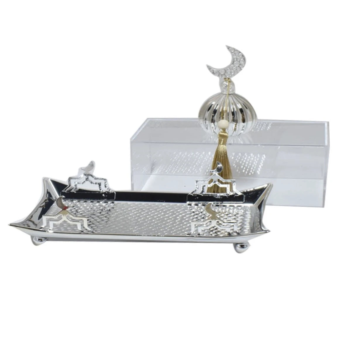 صحن تقديم استيل مستطيل رمضاني بغطاء اكريليك