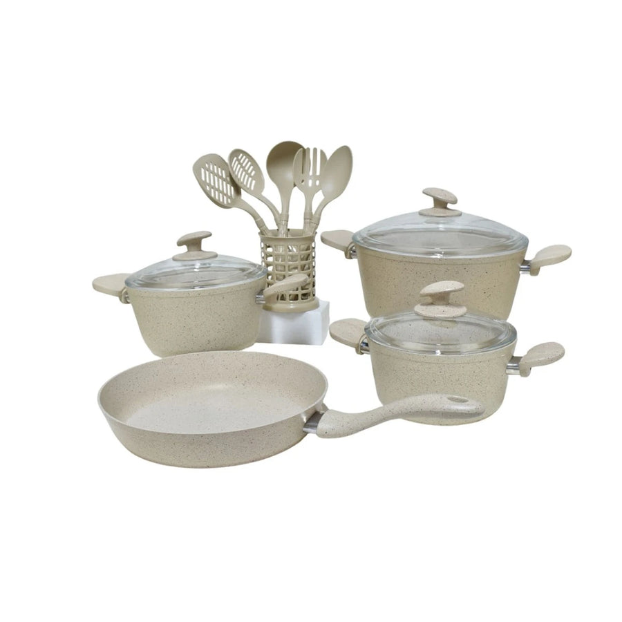 طقم قدور طبخ جرانيت بونيرا بغطاء زجاج 13 قطعة بيج