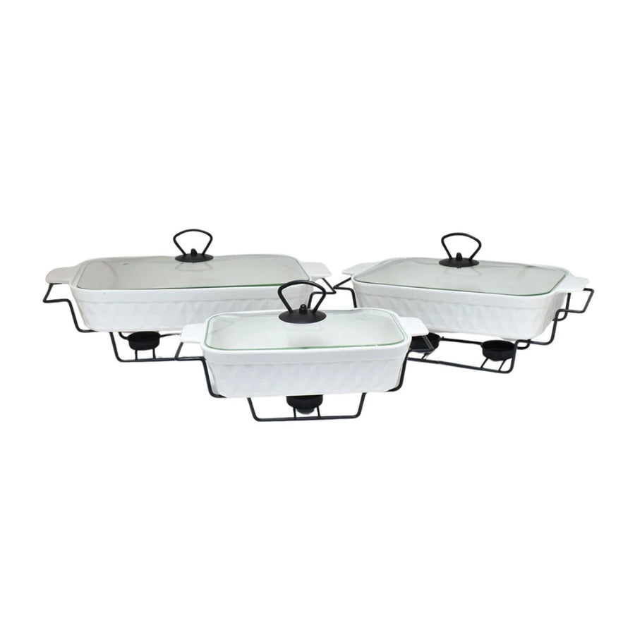 طقم صواني تسخين طعام سيراميك مستطيل بغطاء زجاج 3 قطعة