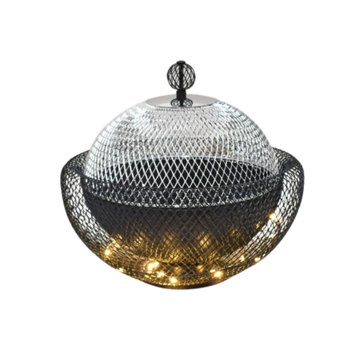 Round stainless steel serving dish for dumplings, black and silver, 24 cm, with light.