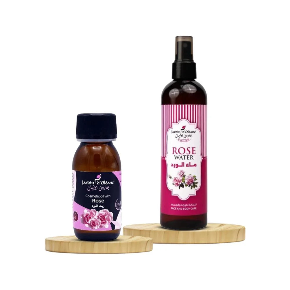 जार्डिन ओलीन से गुलाब के तेल और गुलाब जल का संग्रह, त्वचा को चमकदार और तरोताज़ा बनाने के लिए।