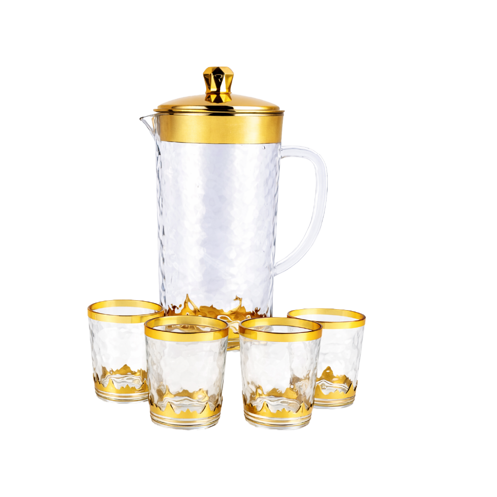 Nice 5-piece set: 2.3L jug and clear gold-rimmed glasses