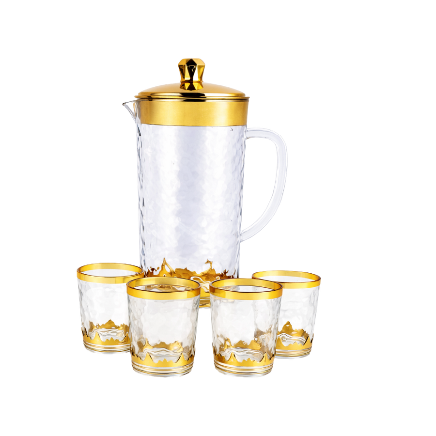 Nice 5-piece set: 2.3L jug and clear gold-rimmed glasses