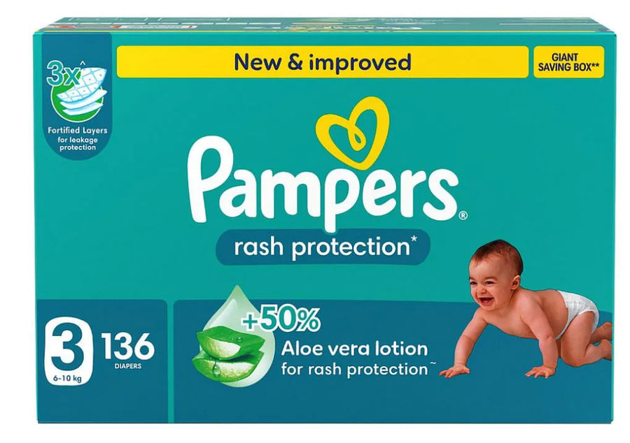 بامبرز حفاضات للاطفال بشريط لاصق للحماية من الطفح الجلدي مقاس 3 صندوق الضخم 136 حفاضة