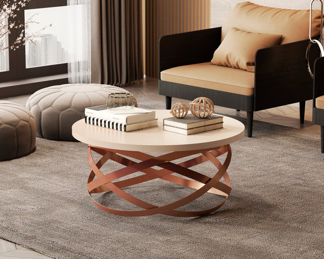 طاولة قهوة وسط دائرية لغرف المعيشة والمنزل لون اوف وايت/ذهبي