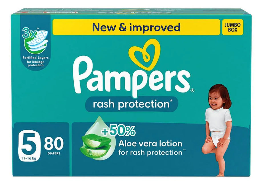 بامبرز حفاضات للاطفال بشريط لاصق للحماية من الطفح الجلدي مقاس 5 صندوق الجامبو 80 حفاضة