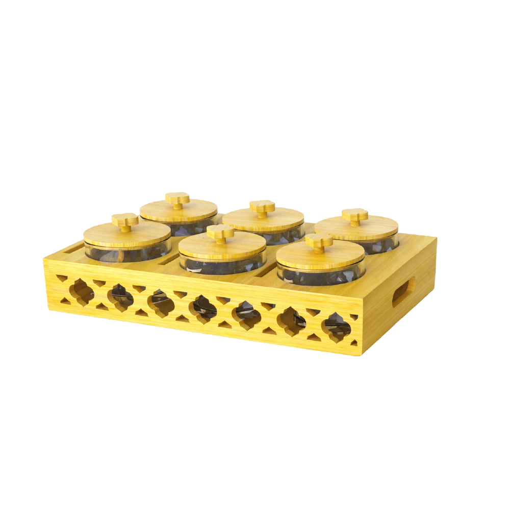 رويال علب بهارات ومكسرات زجاج بقاعدة خشب6حبة