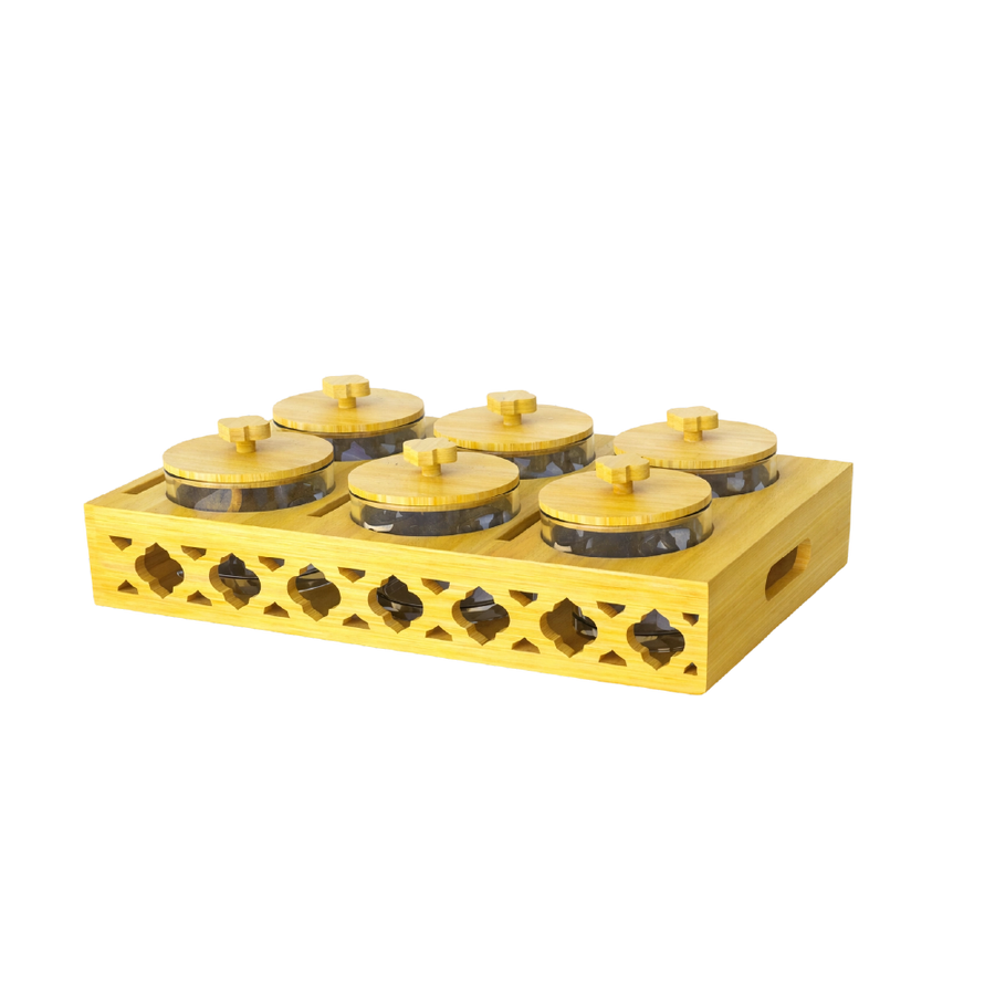 رويال علب بهارات ومكسرات زجاج بقاعدة خشب6حبة