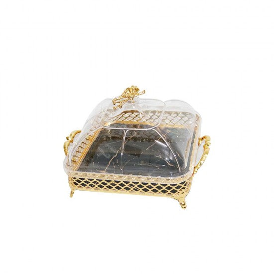 صينية تقديم مربع - صحن تقديم ذهبي بغطاء شفاف اكريلك مقاس 24 سم * 24 سم غطاء شفاف - بعمق للصينية 4 سم