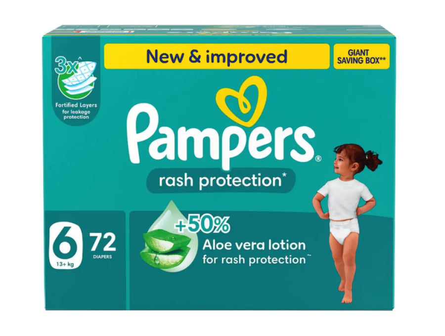 بامبرز حفاضات للاطفال بشريط لاصق للحماية من الطفح الجلدي مقاس 6 صندوق الضخم 72 حفاضة