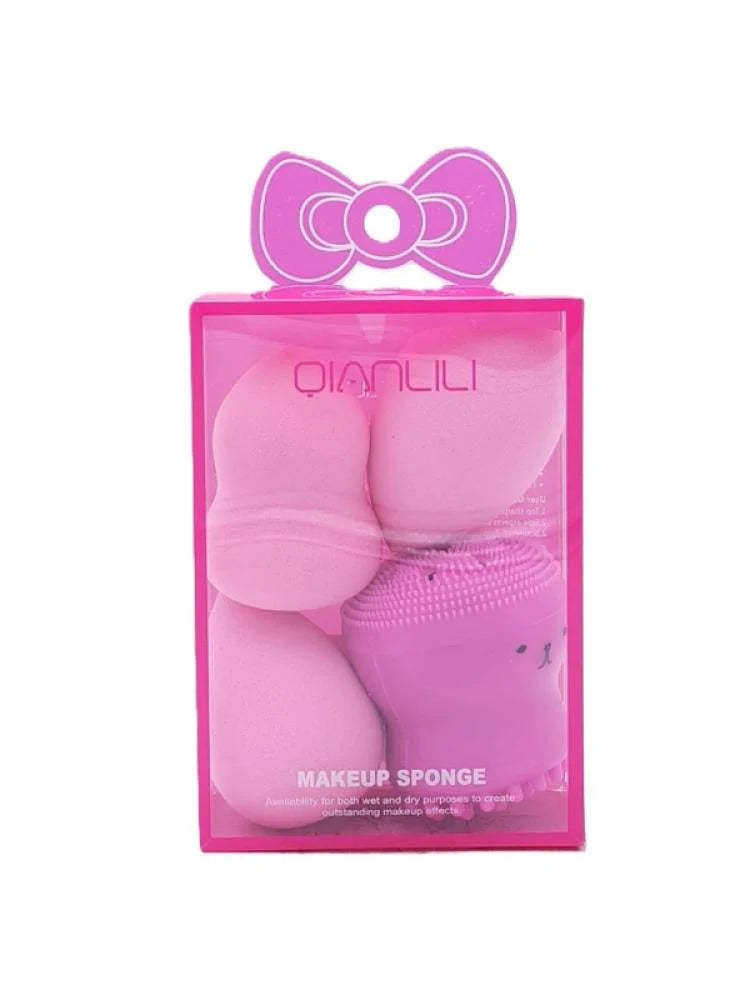 مجموعة اسفنجات مكياج مع فرشاة تنظيف سيليكون – وردي