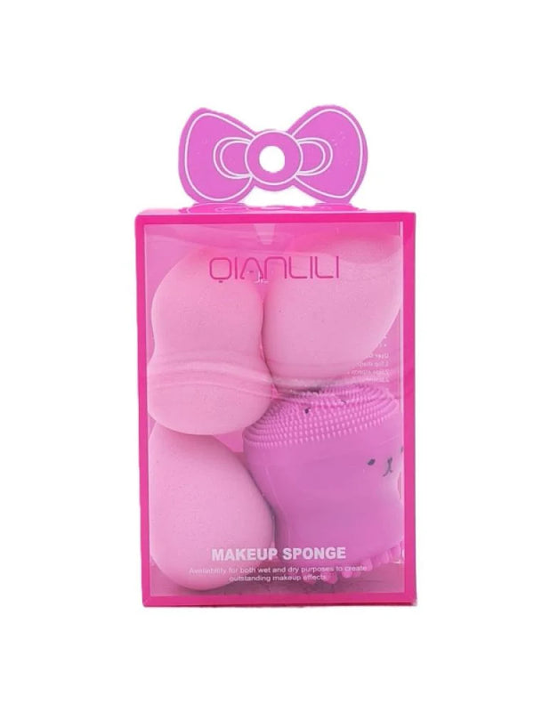 مجموعة اسفنجات مكياج مع فرشاة تنظيف سيليكون – وردي