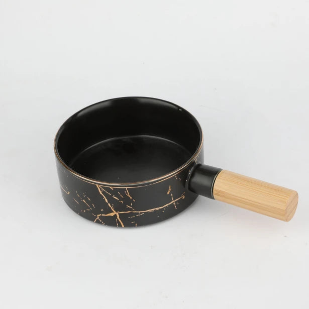 صحن سراميك رخامي أسود بيد خشب مقاس 14سم