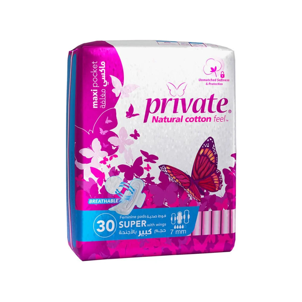 Private large size sanitary napkins with wings, 30 pieces