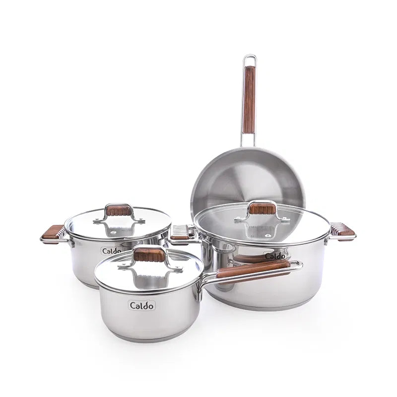 طقم قدور استيل 7 قطع يد خشب