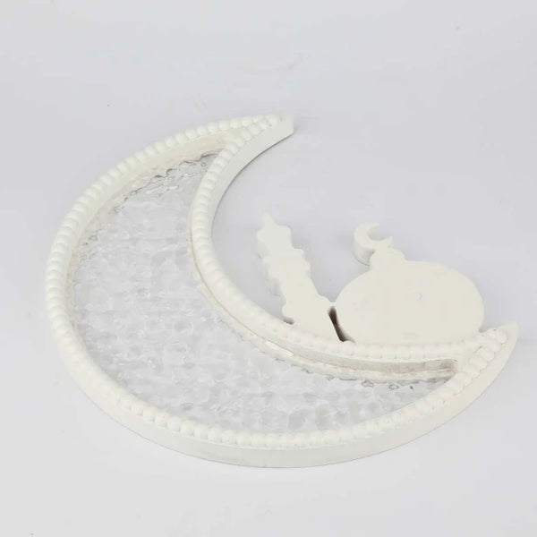 White crescent shaped wooden serving plate 