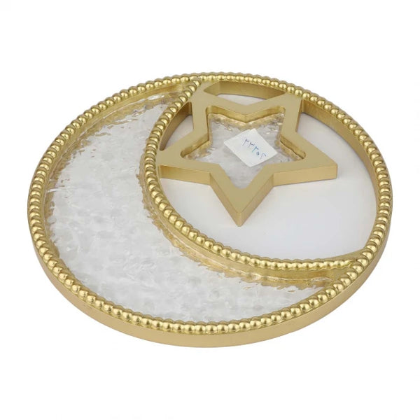 Golden crescent shaped wooden serving plate 