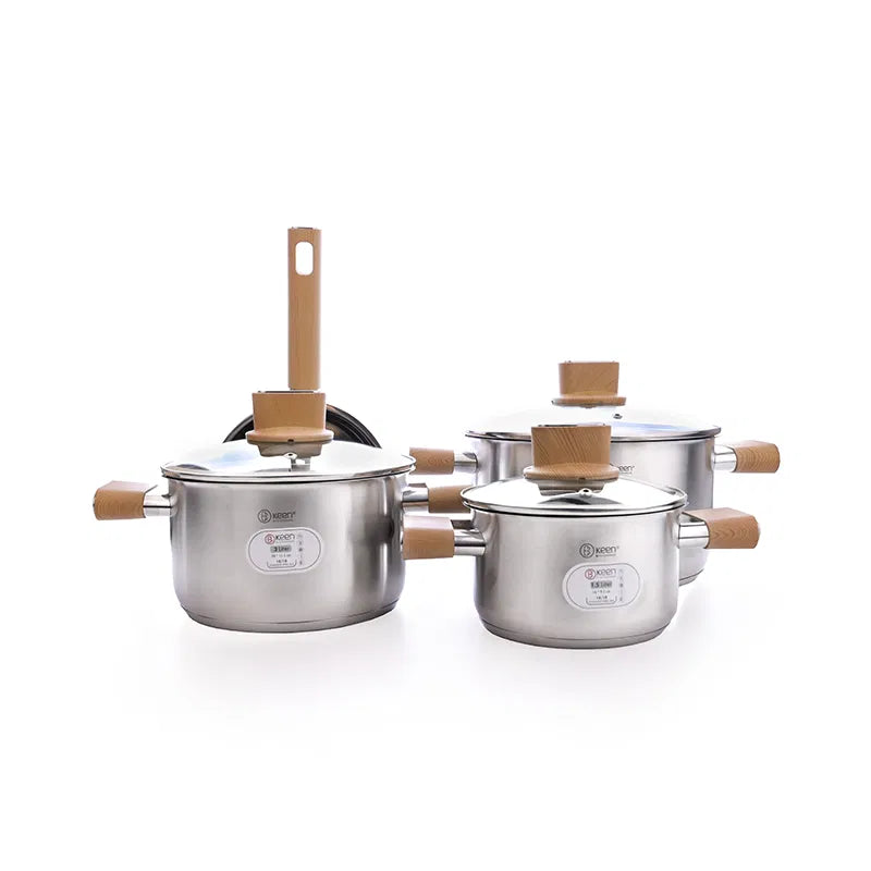 طقم قدور كين استيل بيد خشب 7 قطع فضي