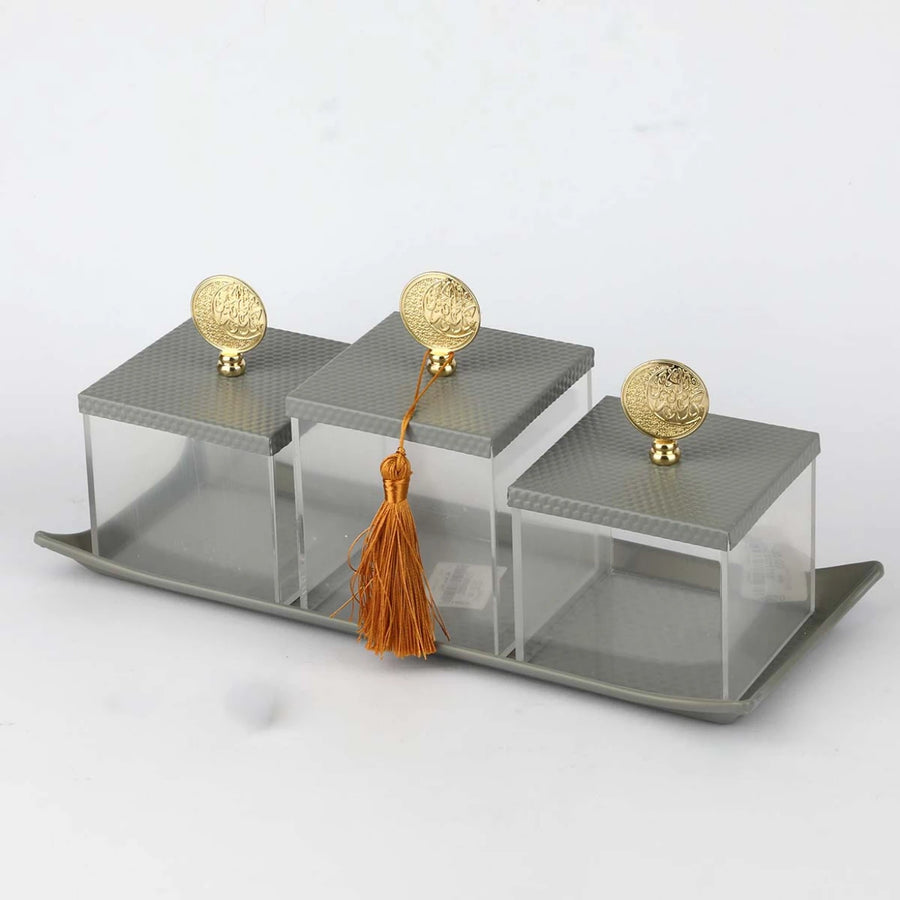 طقم تقديم مكسرات 3 علب مربع اكرلك بطوفرية الاستيل رصاصي