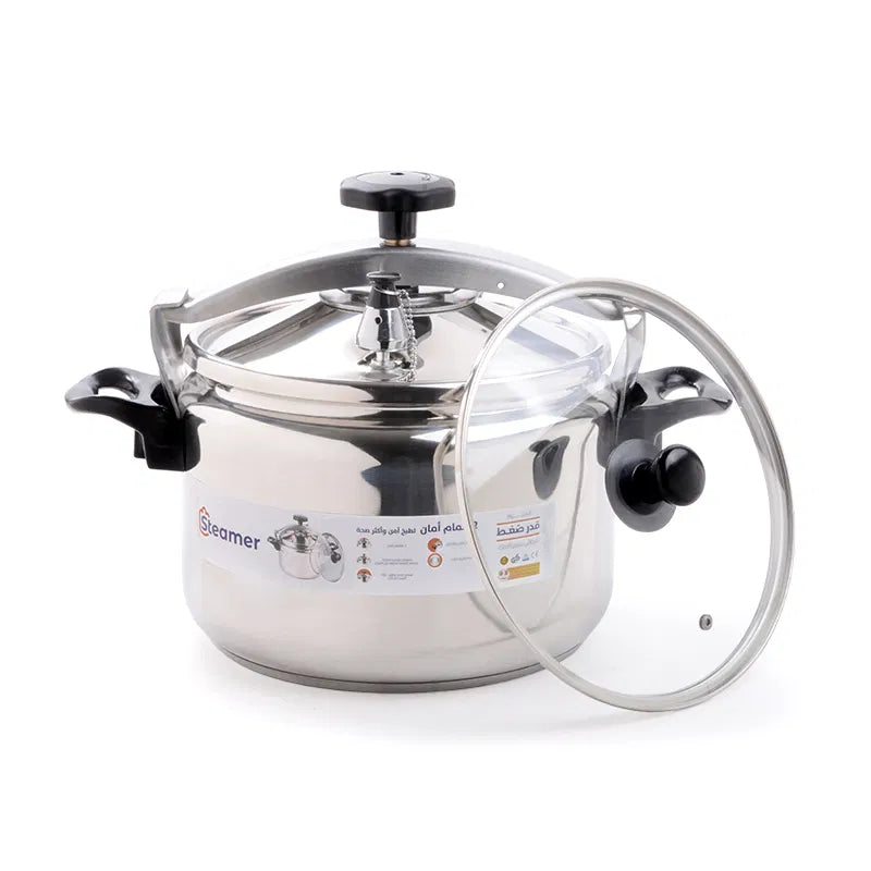 11-liter stainless steel steamer pressure cooker with mandi rack and glass lid