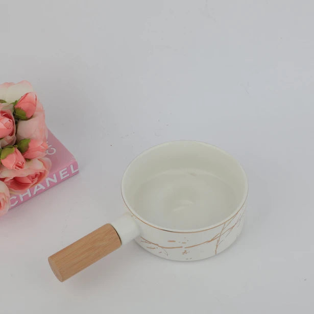 صحن سراميك رخامي أبيض بيد خشب مقاس 14سم