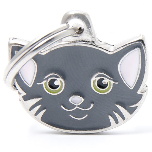 A pendant in the shape of a European cat with short gray hair