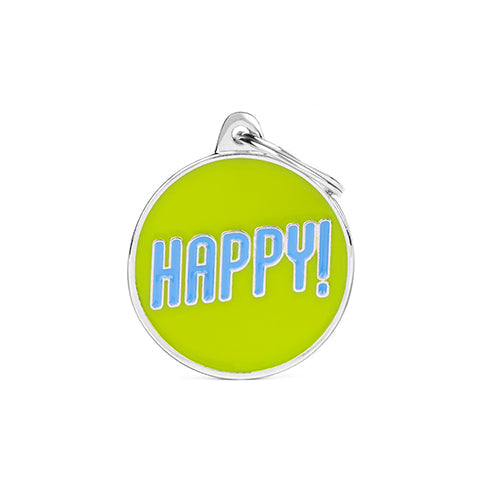 A circular pendant with “Happy” engraving for cats and dogs